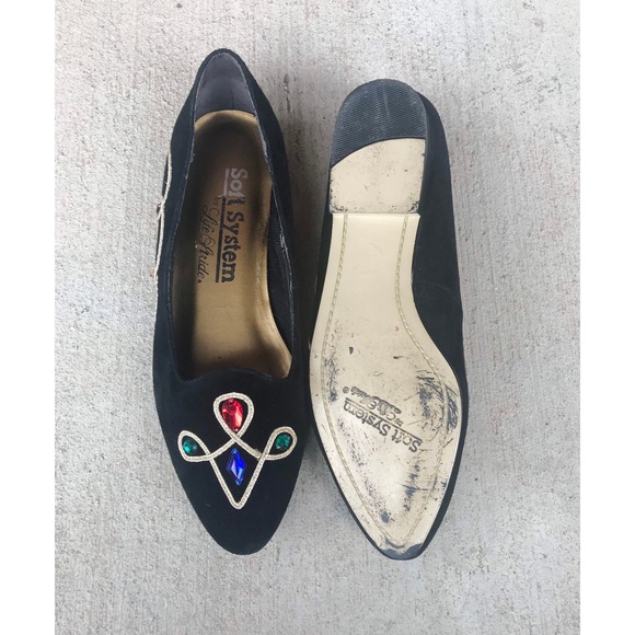 vintage 80s COLORFUL JEWELS black suede pointy FLATS unique avant garde rainbow - Picture 10 of 10